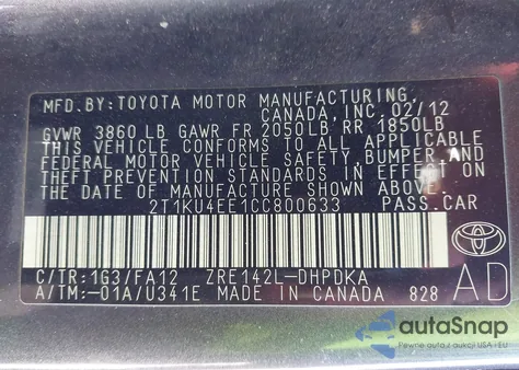 2012 Toyota Matrix L z USA, uszkodzony, nr VIN 2T1KU4EE1CC800633